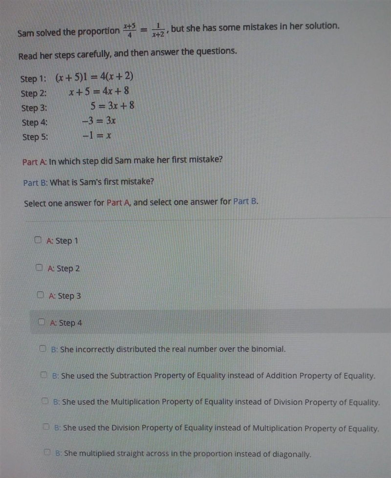 Sam solved the proportion 3 = 5, but she has some mistakes in her solution. Read her-example-1