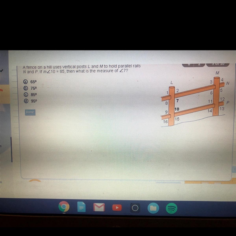 A fence on a hill uses vertical posts L and M to hold parallel rails N and P. If M-example-1