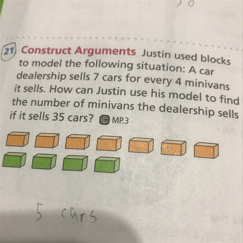 Justin used blocks to model the following situation A car dealership sells seven cars-example-1