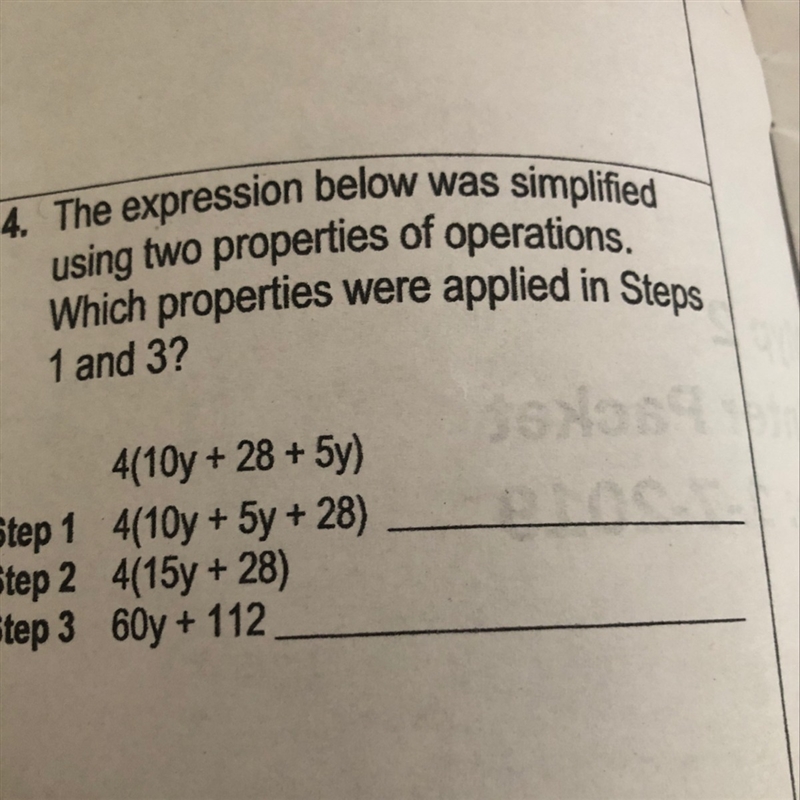 The expression was simplified using two properties of operations. Which properties-example-1