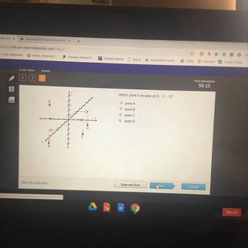 Which point is located at (4, -2, -3)? point A point B point C point D-example-1