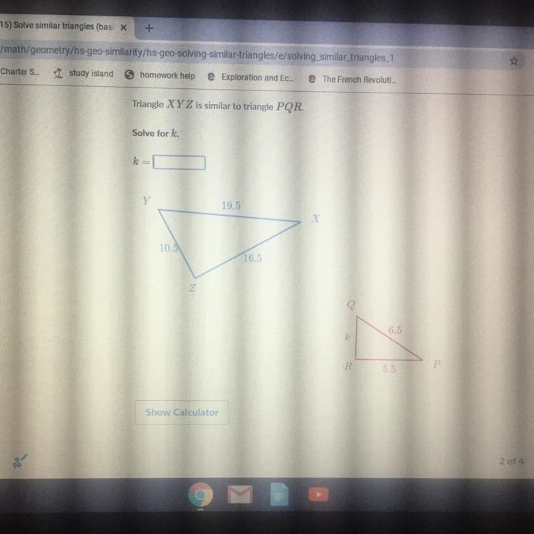 Triangle XY Z is similar to triangle PQR Solve for k. k= 19.5 10.5 R 5.5-example-1