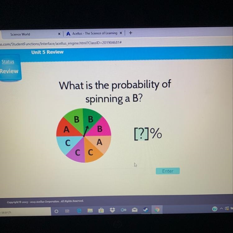 What is the probability of spinning a B?-example-1