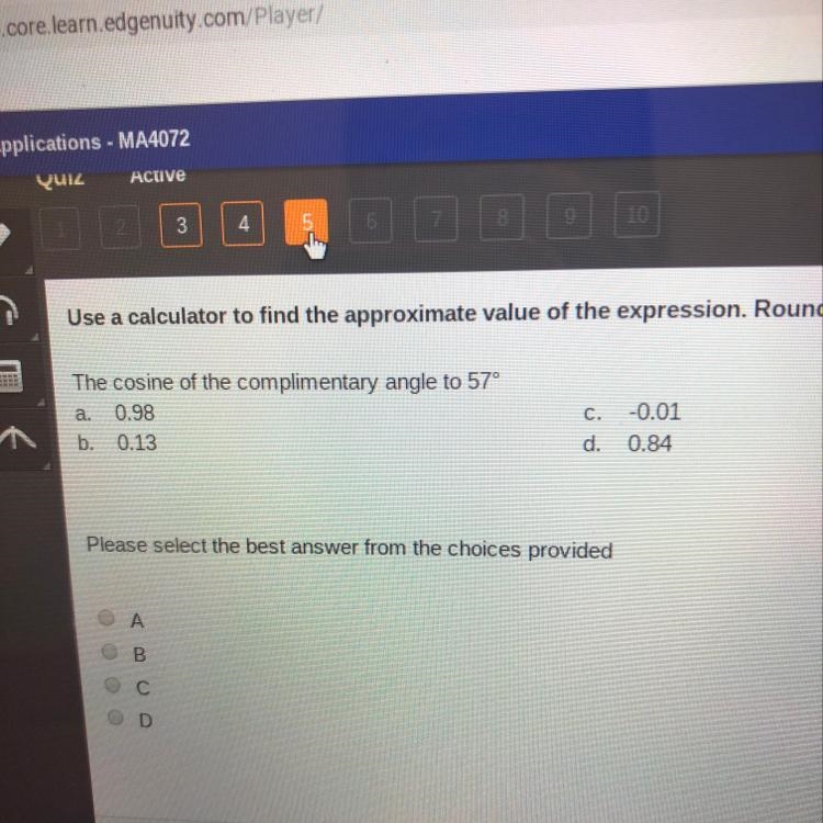 The cosine of the complementary angle to 57-example-1