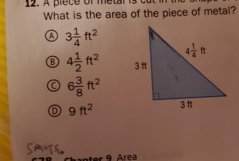 A piece of metal is cut in the shape of the triangle below . what is the area of the-example-1