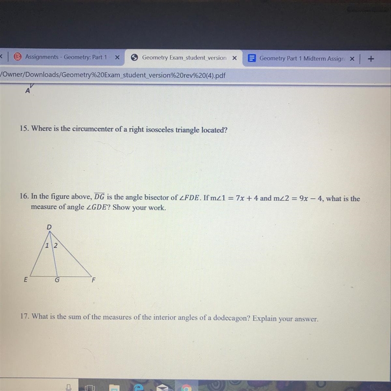 16. In the figure above, DG is the angle bisector of measure of angle-example-1