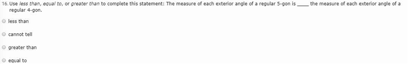 Use less than, equal to, or greater than to complete this statement: The measure of-example-1