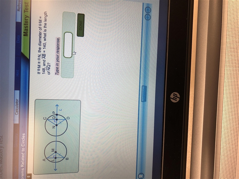 If M = N, the diameter of M = 148, and AB = 140, what is the length of NQ?-example-1