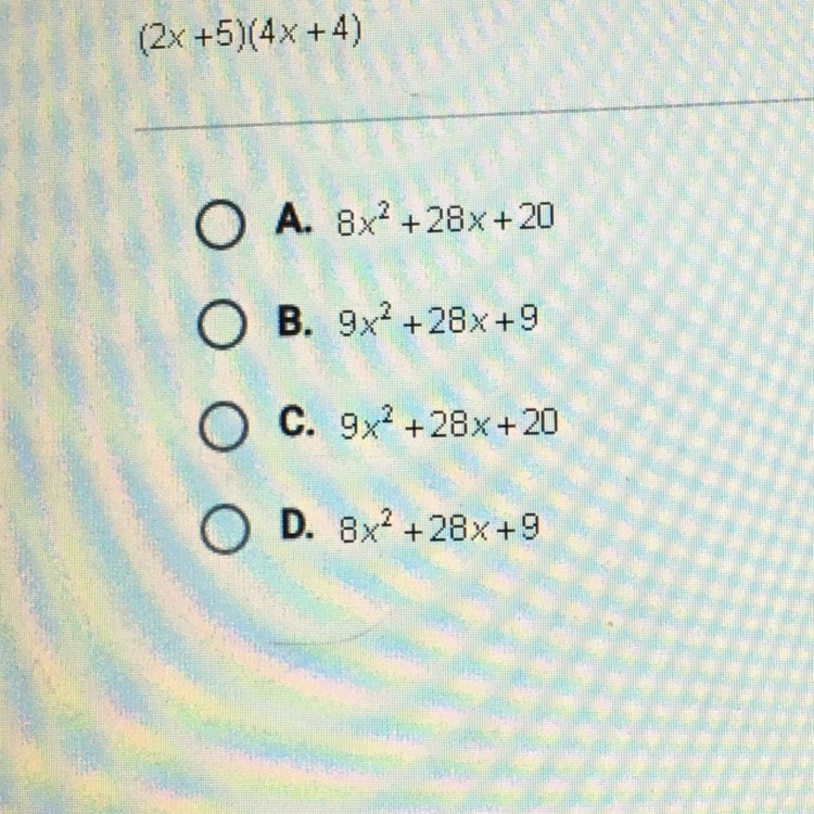 What is the product of the binomials below (2x+5) (4x+4)-example-1