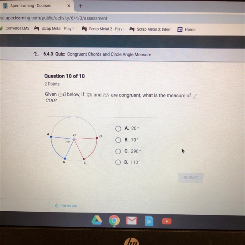 Given O below, if AB and CD are congruent, what is the measure of COD?-example-1