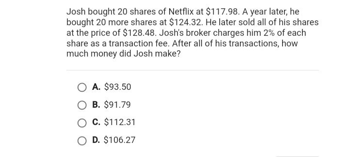 Please help, I can figure out 20 shares multiply by $117.98 =2359.69 20 shares multiply-example-1