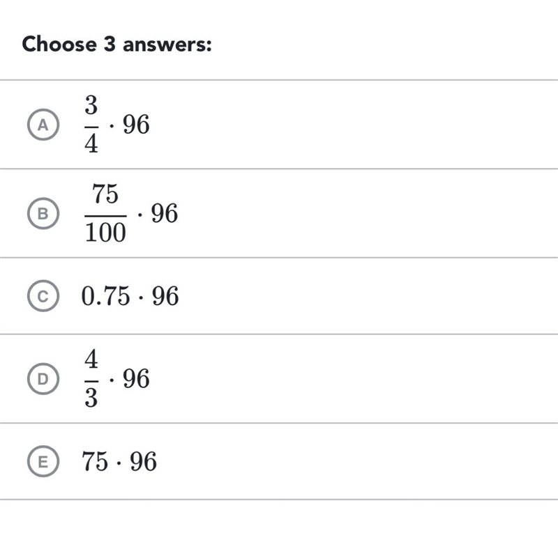 Which of the following options have the same value as 75%of 96%? Choose 3 answers-example-1