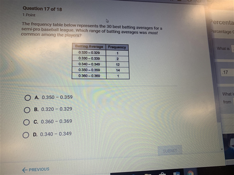 The frequency table below represents the 30 best batting averages for a semi-peo baseball-example-1