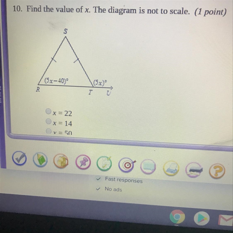 10. Find the value of x. The diagram is not to scale.-example-1