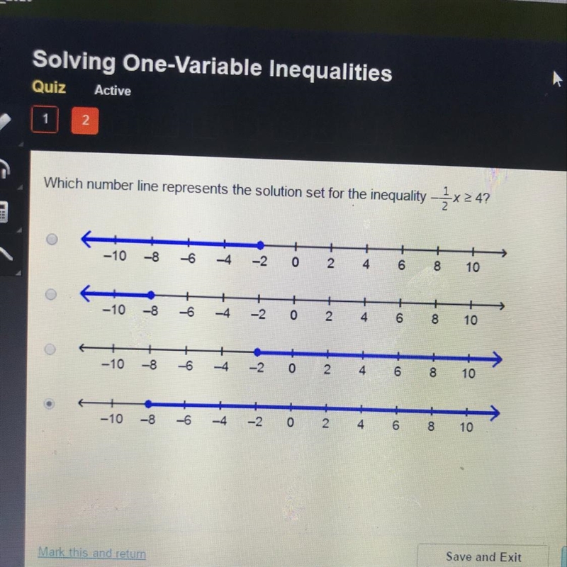 Which number line represents The solution set for the inequality -1/2x>4?-example-1