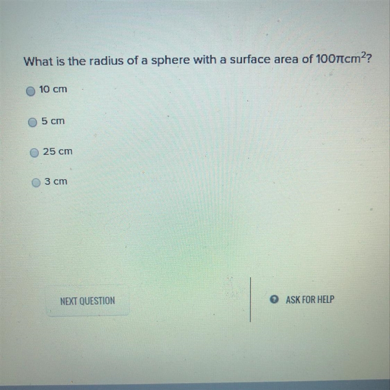 What is the radius of a sphere with a surface area of 100cm??-example-1