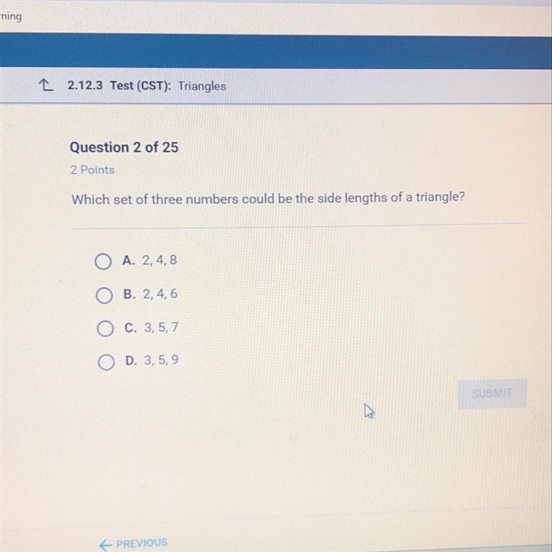 Which set of three numbers could be the side lengths of a triangle-example-1