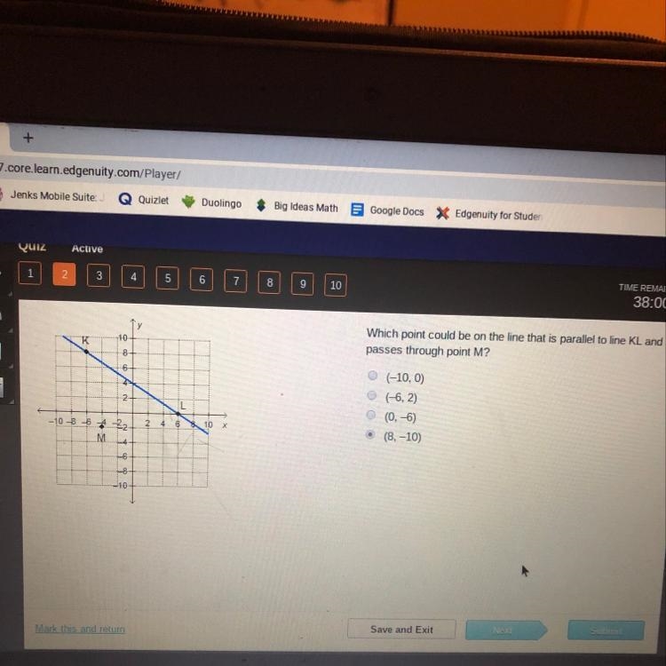 Which point could be on the line that is parallel to line KL and passes through point-example-1