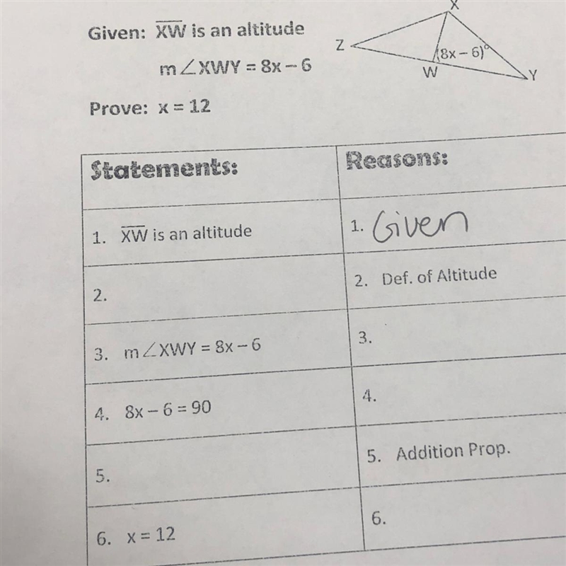 Given: — Xw Is an altitude M Prove: x=12-example-1