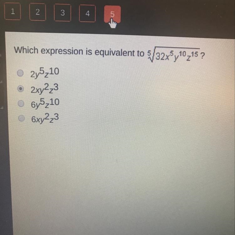 Which expression is equivalent to 5^ square root 32x5^ y10^ z15^-example-1