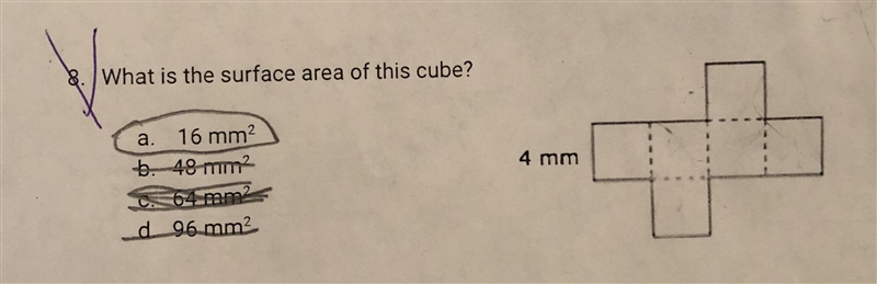 What is the surface area of this cube? The circled answer 16mm is incorrect. Please-example-1