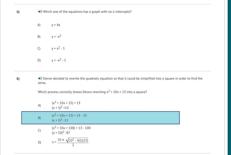 Please help with 5 and 6 5) Which one of the equations has a graph with no x-intercepts-example-1