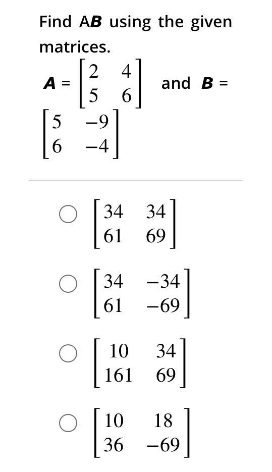 Find AB using the given matrices.-example-1