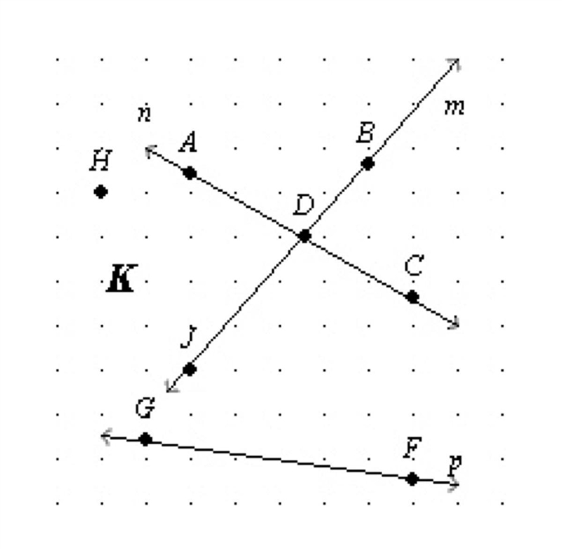 Name a point NOT contained in lines m, n, or p. A) plane K B) A C) D D) H-example-1