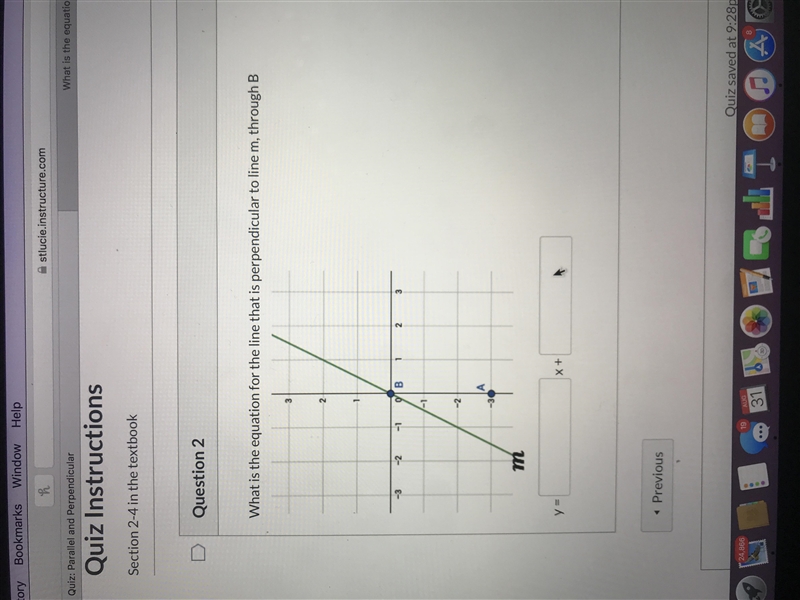 What is the equation for the line that is perpendicular to line m, through B-example-1