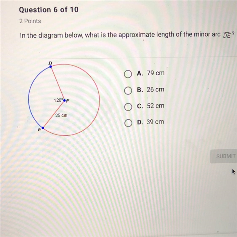 In the diagram below what is the approximate length of the minor arc DE-example-1