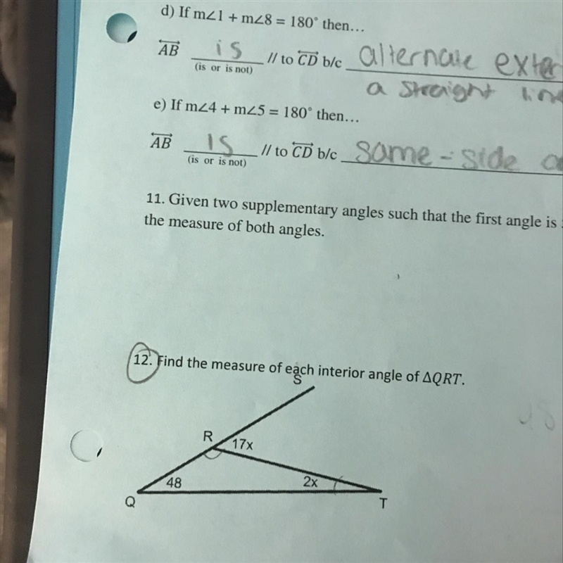 12. Find the measure of each interior angle of triangle QRT.-example-1