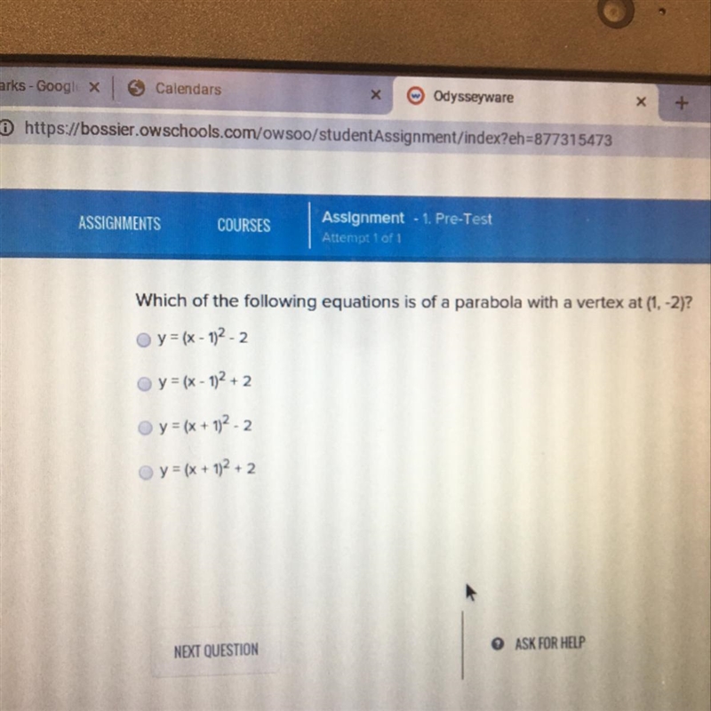 Which one of these has a parabola with a vertex at 1,-2-example-1