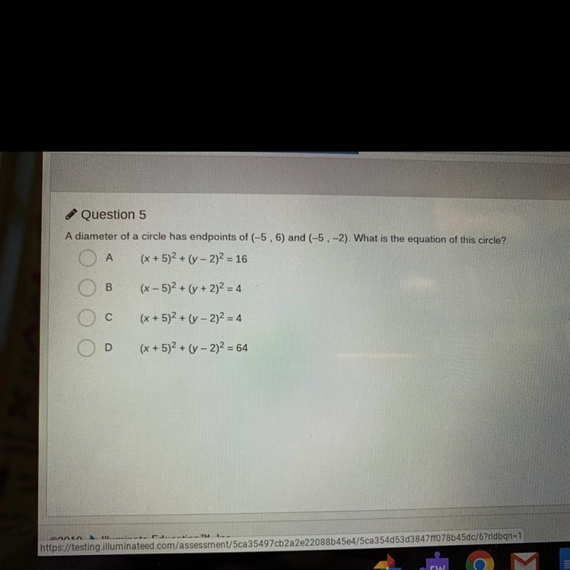 A diameter of a circle had endpoints of (-5, 6) and (-5,-2). What is the equation-example-1