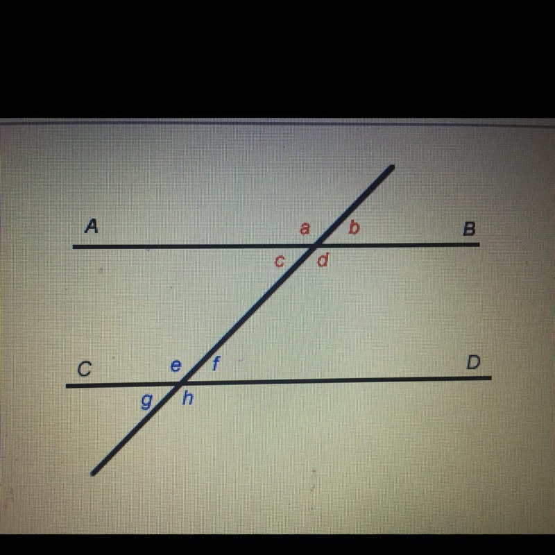 If lines AB and CD are parallel, then angels c and e are? A. complementary B. congruent-example-1