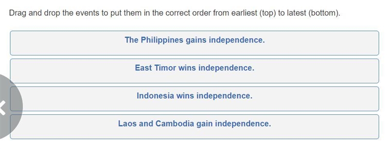 Drag and drop the events to put them in the correct order from earliest (top) to latest-example-1