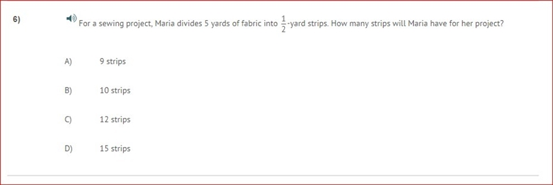 For a sewing project, Maria divides 5 yards of fabric into 1/2 yard strips. How many-example-1