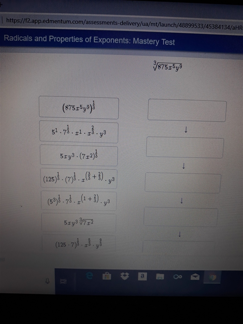 Order the simplifications, last box is 5× x × y^3 × (7 ^ 1/3 × x ^ 2/3)​-example-1