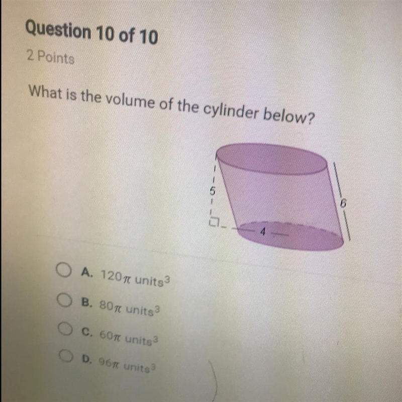 What is the volume of the cylinder below? 4 6 5-example-1