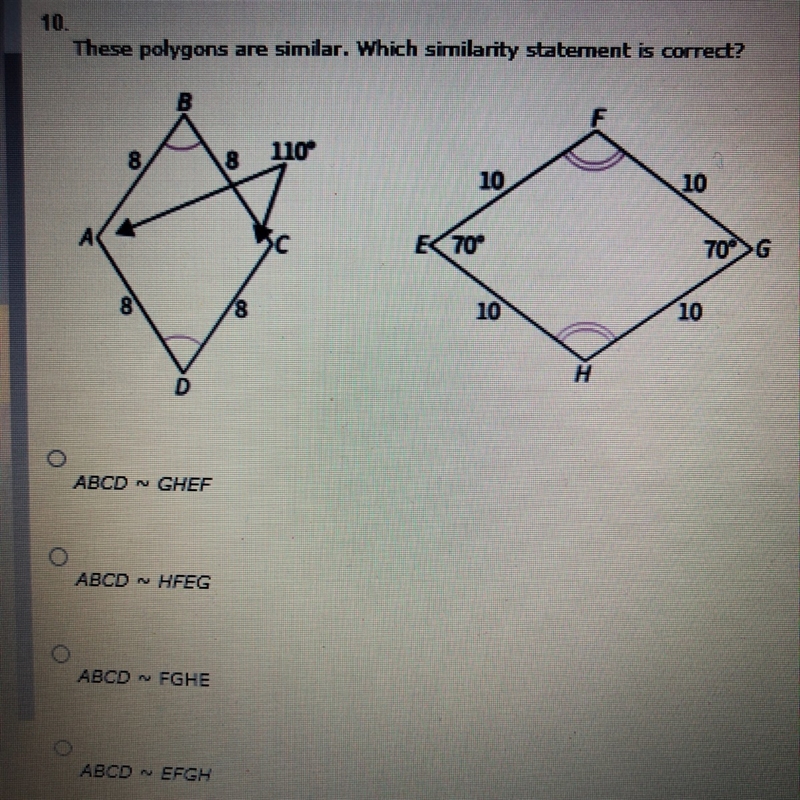 These polygons are similar. Which similarity statement is correct?-example-1