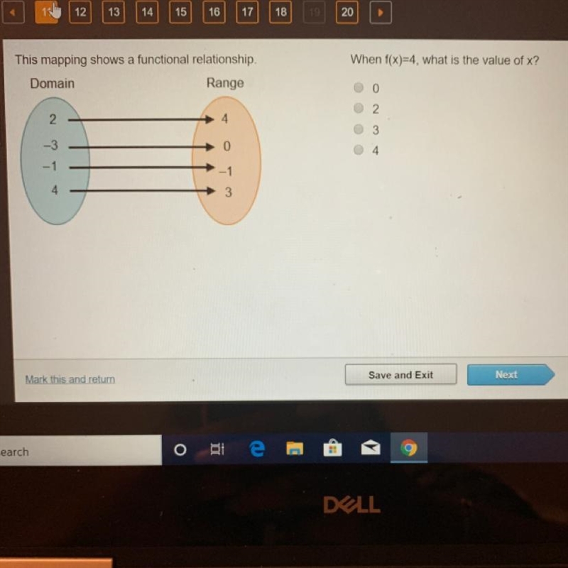 When f(x)=4, what is the value of x? A. 0 B. 2 C. 3 D. 4-example-1