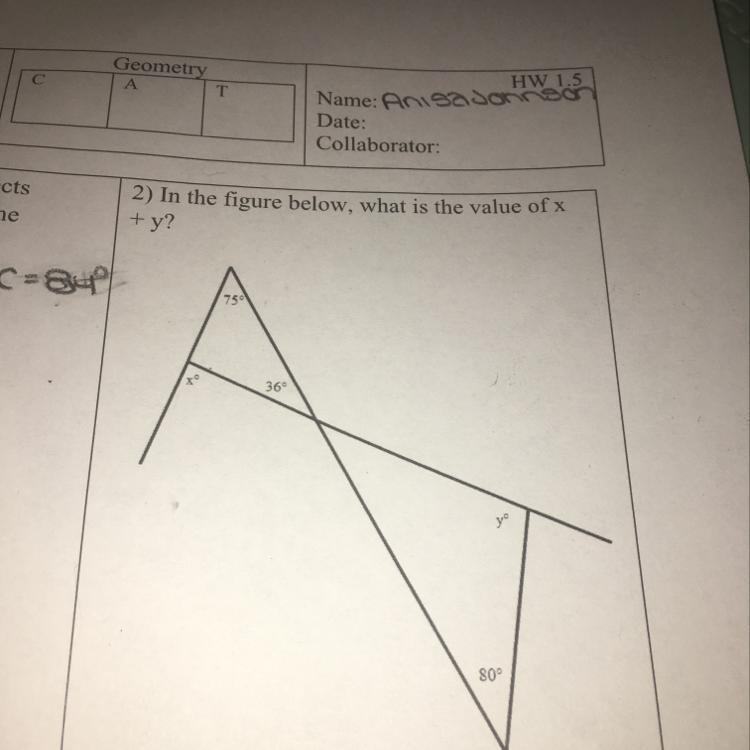 In the figure above, what is the value of x + y-example-1