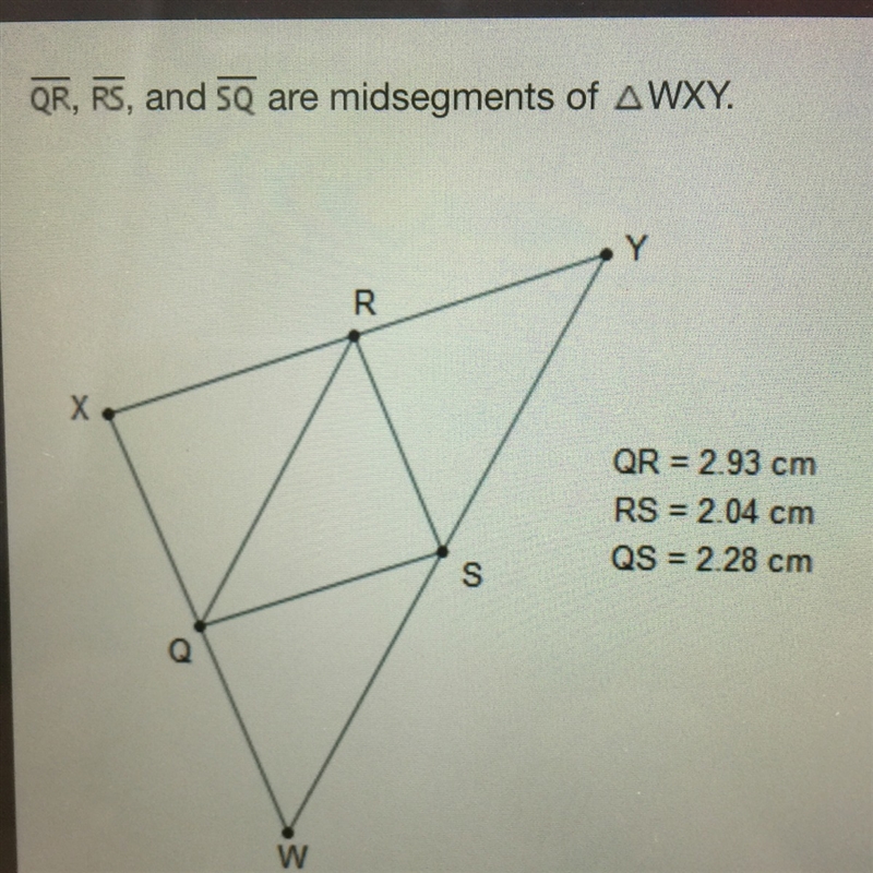 Line QR, line RS and line SQ are midsegments of triangle WXY. The perimeter of WXY-example-1