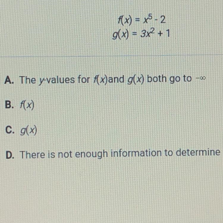 Which of the two functions below has the smallest minimum y-value? f(x)=x^5-2 g(x-example-1