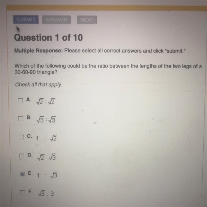 Which of the following could be the ratio between lengths of the two legs of a 30-60-90 triangle-example-1