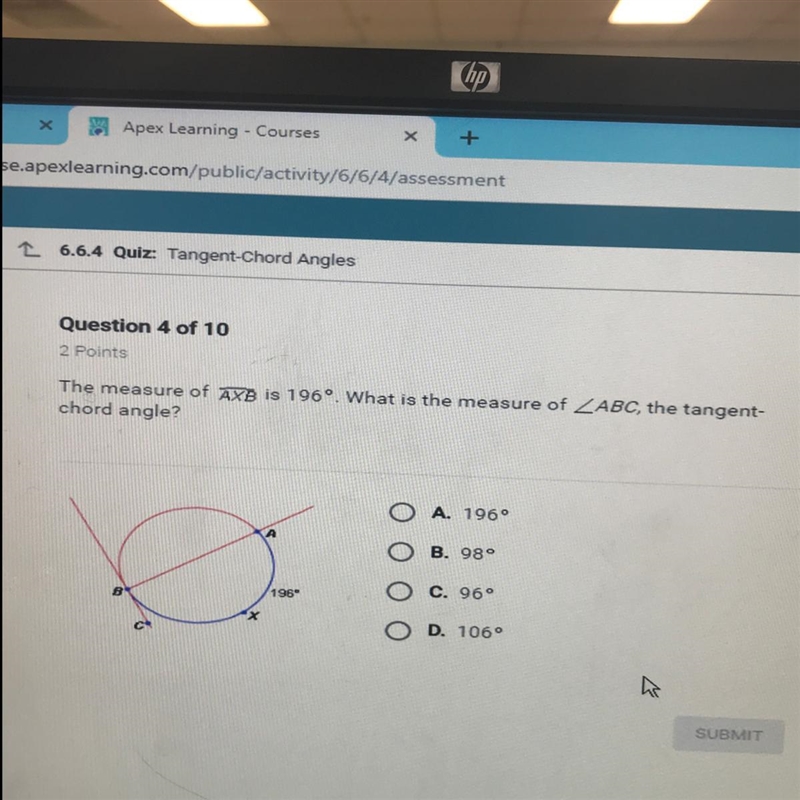 The measure of AXB is 196°. What is the measure of ZABC, the tangent- chord angle-example-1