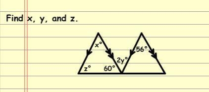 Find x, y and z. The 2y angle and the 56 degree angle are alternate interior angles-example-1