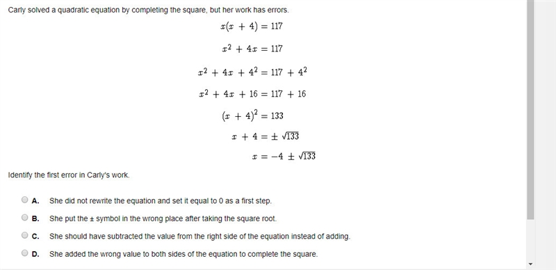 Carly solved a quadratic equation by completing the square, but her work has errors-example-1