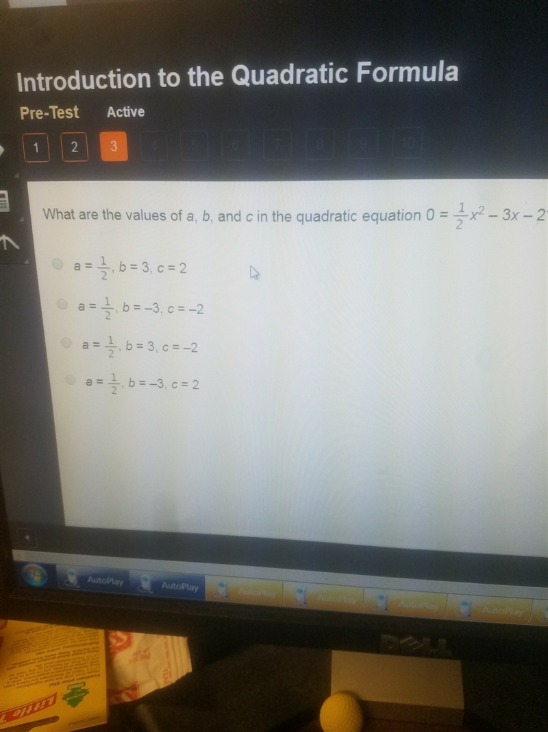 Which shows the correct substitution of the values a b and c from the equation 0=1/2x-example-1