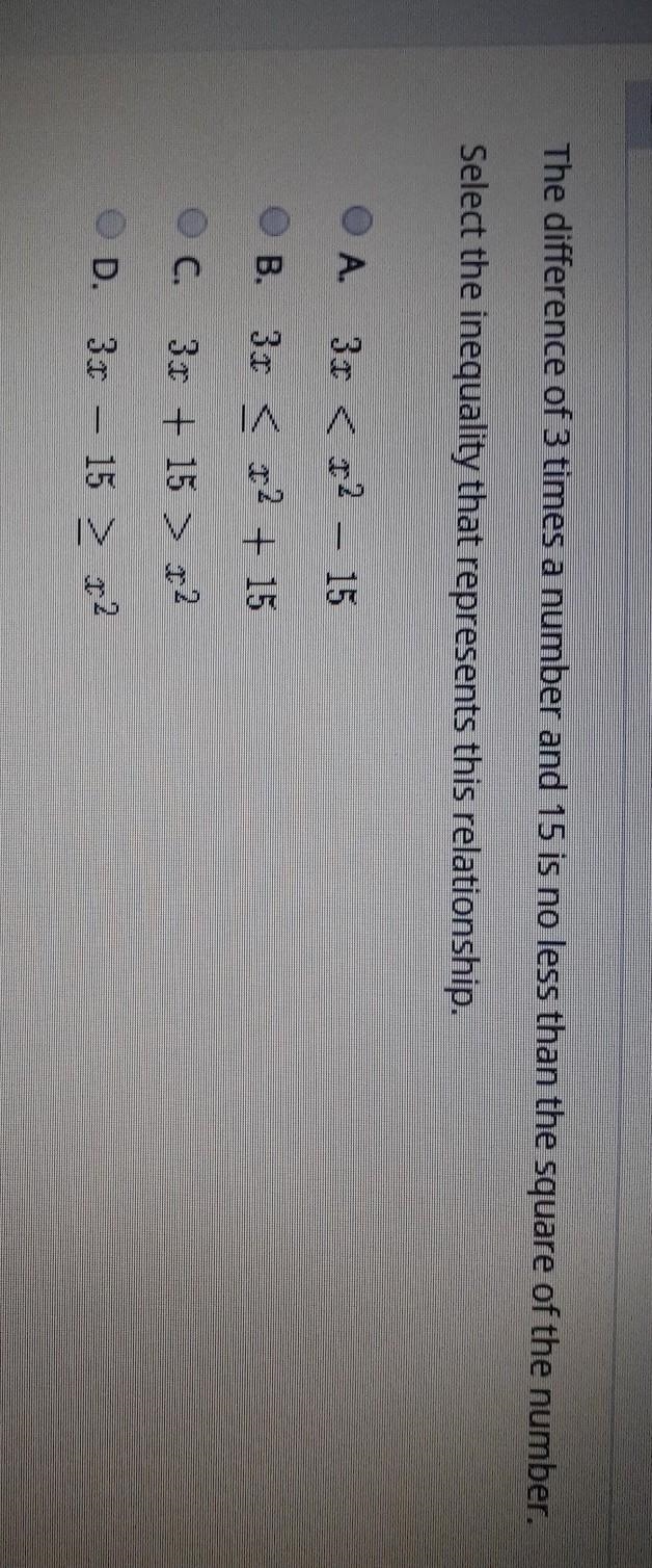 The difference of 3 times a number and 15 is no less than the square of the number-example-1