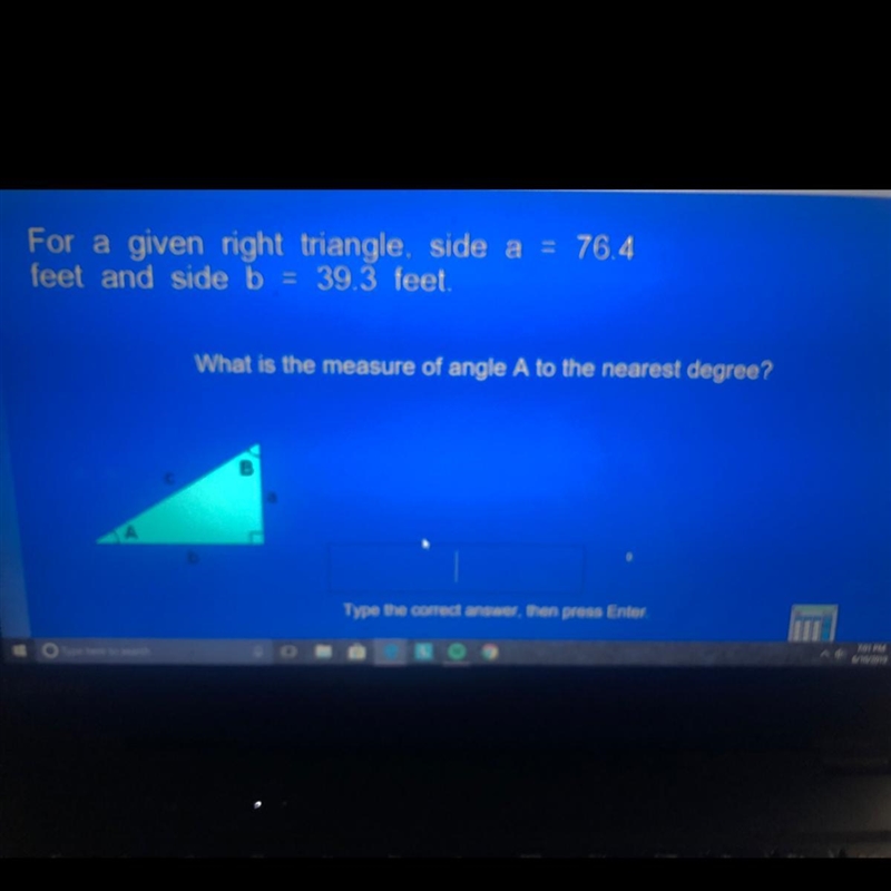 For a given right triangle side a=76.4 ft and side b=39.3 ft. What is the measure-example-1